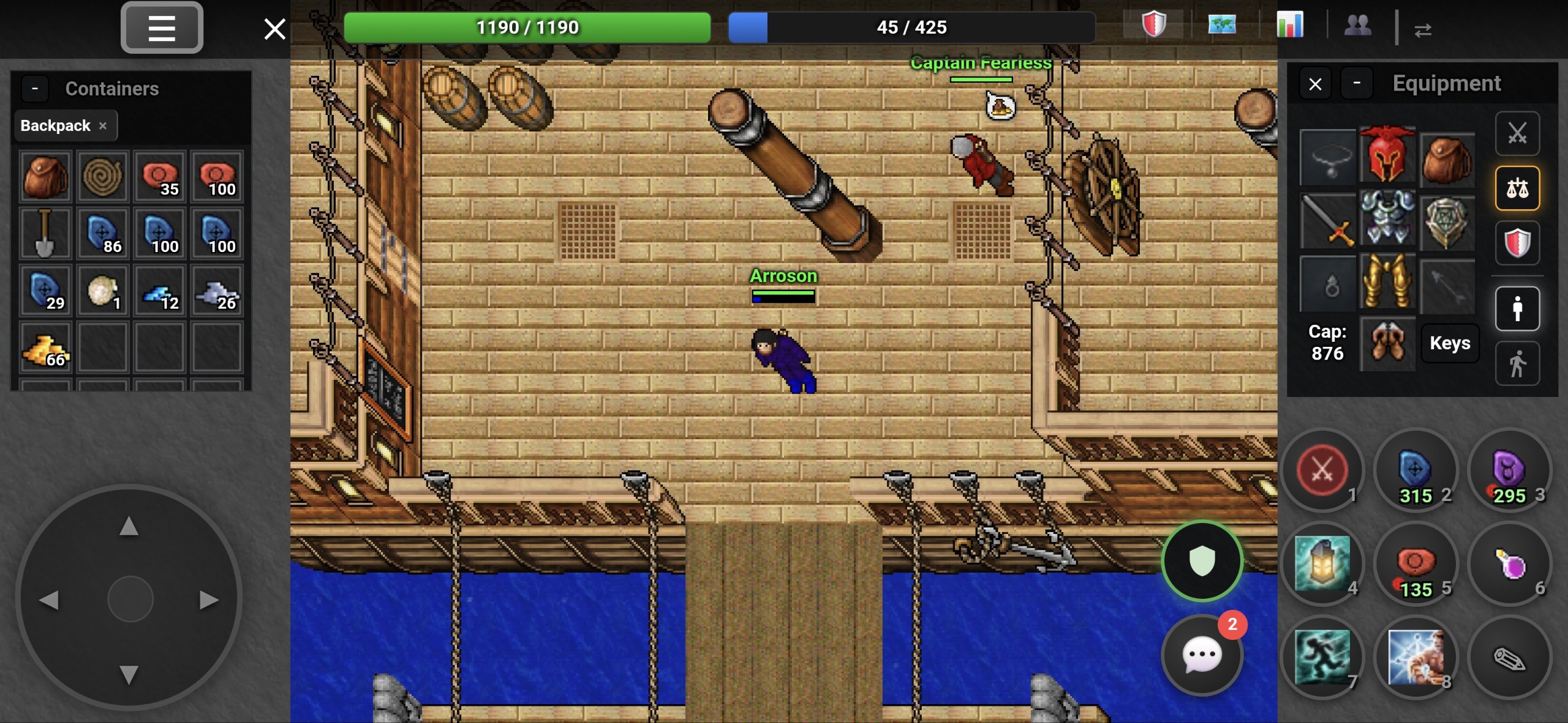 Minibia mobile landscape layout showing game controls