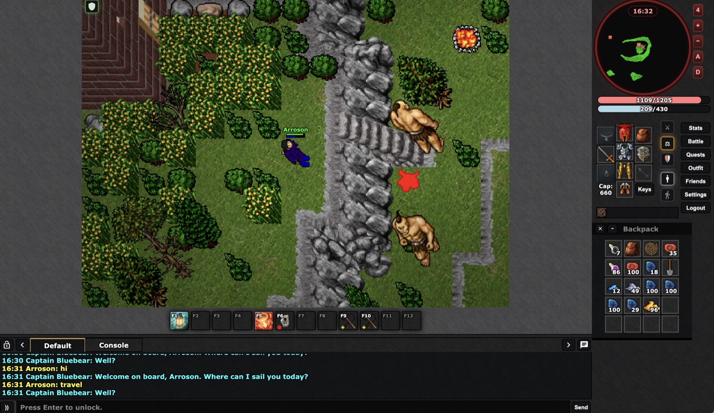 Full desktop client with inventory, minimap, hotbar and chat
