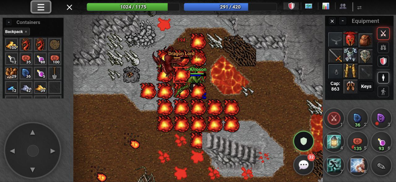 Dragon Lord battle with fire fields — enhanced Tibia combat